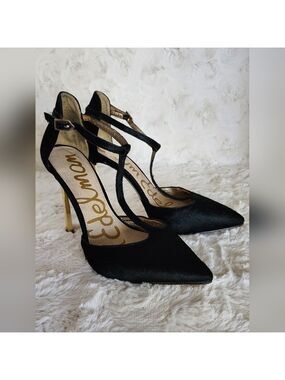 Sam Edelman Black and Gold Calf Hair Tstrap Heels Sz 5